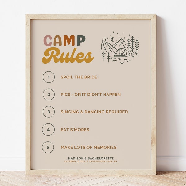 Camp Bachelorette Party Camp Rules Sign Template | Retro Camping Bachelorette Girls Weekend Decor | Glamping Mountain Lake Bachelorette