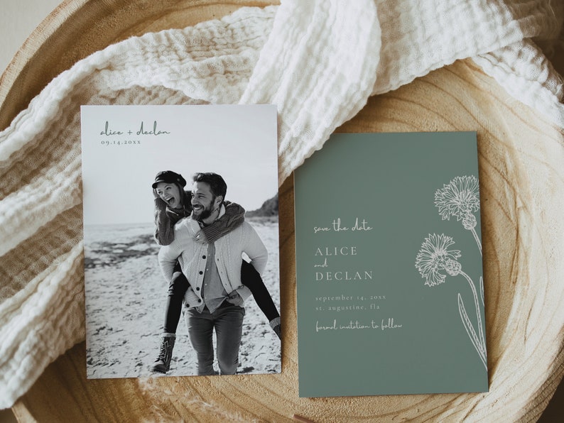 Boho Save The Date Template Download with Photo Modern Sage Green Wedding Save The Date Card Minimalist Save The Date Botanicals Simple image 1