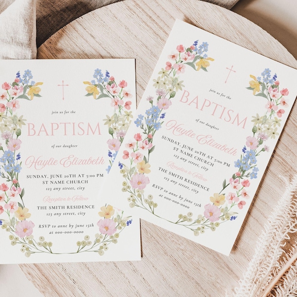 Wildflower Baptism Invitation Template, Printable Floral Christening DIY Invite, Editable Pink Baby Girl Dedication Invitation Card, BP40