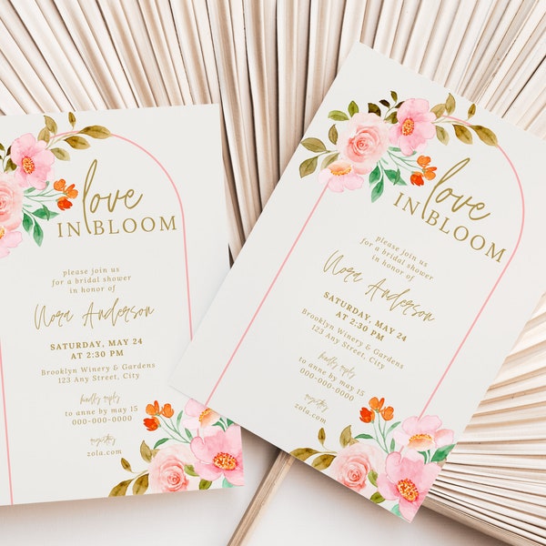 Love in Bloom Bridal Shower Invitation | Spring Garden Bridal Shower Invite | Editable Pink Floral Summer Wedding Shower Template | BS11