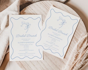 Bridal Brunch Invitation Template, Wavy Border Brunch and Bubbly Wedding Shower Invite, DIY Editable Coquette Bows Digital Invitations, BS52
