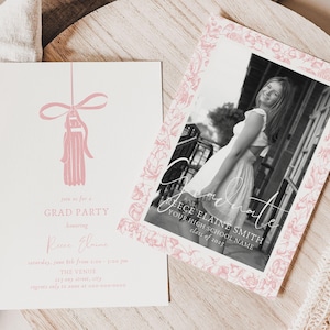 May include: Two graduation announcements on a wooden surface. One features a pink tassel illustration and text for a grad party. The other is a black and white photo with a pink floral border and the word "Graduate".