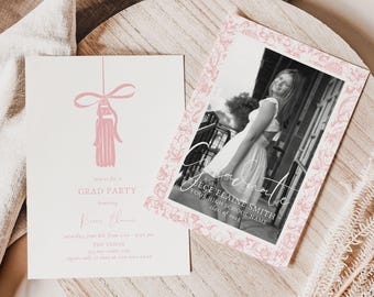 May include: Two graduation announcements on a wooden surface. One features a pink tassel illustration and text for a grad party. The other is a black and white photo with a pink floral border and the word "Graduate".