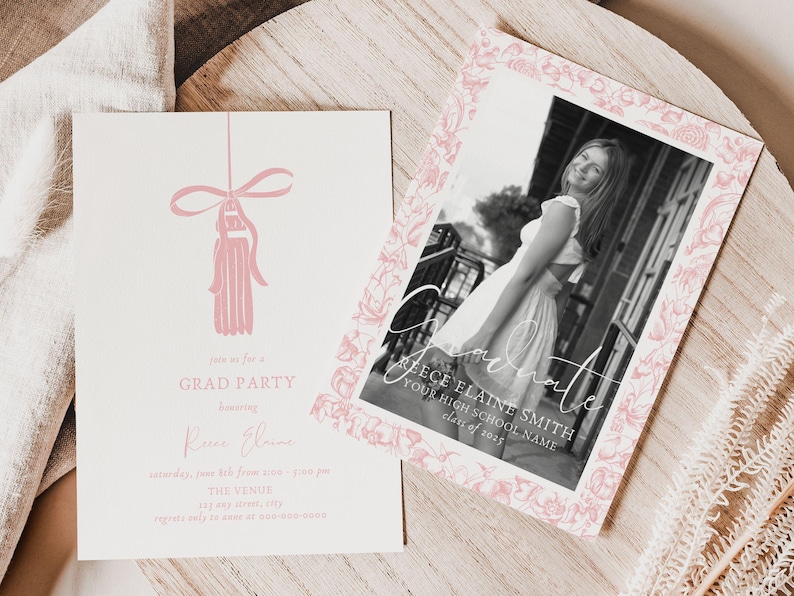 May include: Two graduation announcements on a wooden surface. One features a pink tassel illustration and text for a grad party. The other is a black and white photo with a pink floral border and the word "Graduate".