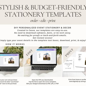 May include: A promotional image for DIY event stationery templates. The text reads "STYLISH & BUDGET-FRIENDLY STATIONERY TEMPLATES". The image shows a laptop with a design, and instructions on how to order, edit, and print the templates.