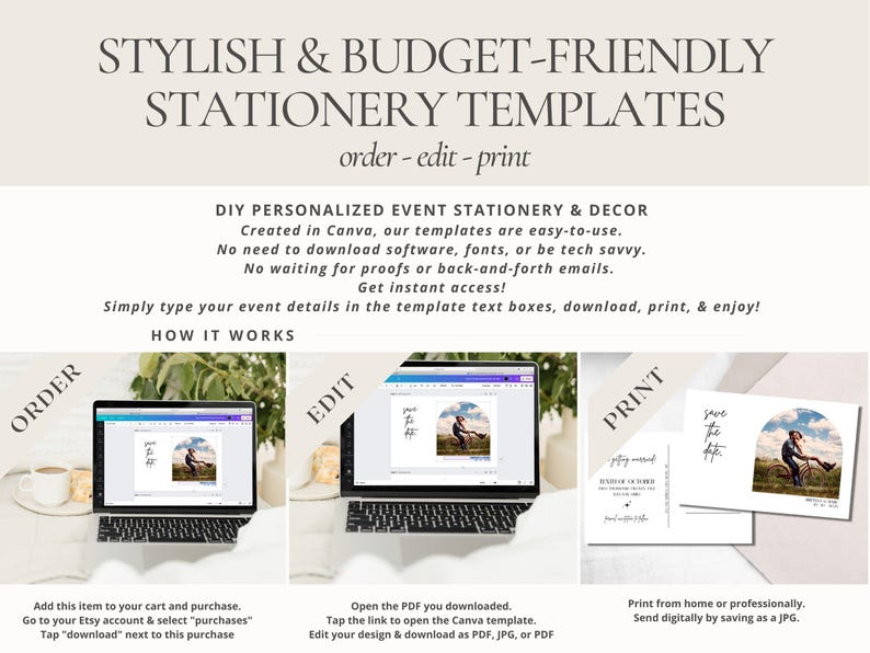 May include: A promotional image for DIY event stationery templates. The text reads "STYLISH & BUDGET-FRIENDLY STATIONERY TEMPLATES". The image shows a laptop with a design, and instructions on how to order, edit, and print the templates.