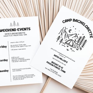 Camp Bachelorette Party Invitation and Itinerary Template | Retro Camping Bachelorette Girls Weekend Invite | Glamping Lake Bachelorette