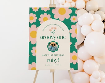 Groovy One Birthday Welcome Sign Template, One Groovy Baby Retro Flower Party Decor, Cute Boho Daisy First Birthday Girl Decorations, FB11