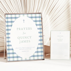 Spring Baptism Prayer Cards & Sign Template, Editable Rustic Blue Green Christening Decoration, Personalized Table Decor Keepsake Game, BP34