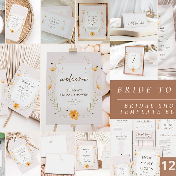 Bride to Bee Bridal Shower Bundle, Wildflower Meant to Bee Sprinkle Invitation Decor and Games, Honey Bridal Brunch Editable Templates, BS16