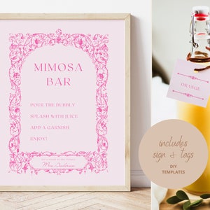 Hot Pink Garden Party Bridal Shower Mimosa Bar Sign and Tags Template Floral Bridal Brunch Mimosa Bar Tags Printable Bubbly Bar Sign BS9 image 10