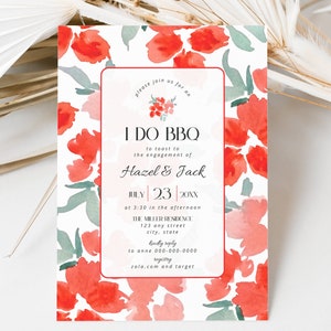 I Do BBQ Couples Shower Invitation Template, Modern Backyard Cookout Engagement Party Invite, Red Pink Floral Bridal Invitations Card, BS26 image 2