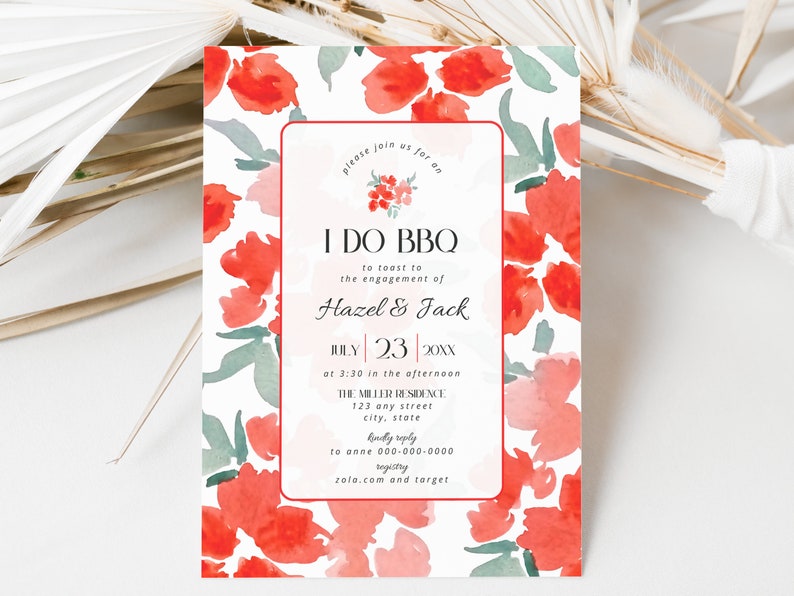 I Do BBQ Couples Shower Invitation Template, Modern Backyard Cookout Engagement Party Invite, Red Pink Floral Bridal Invitations Card, BS26 image 2