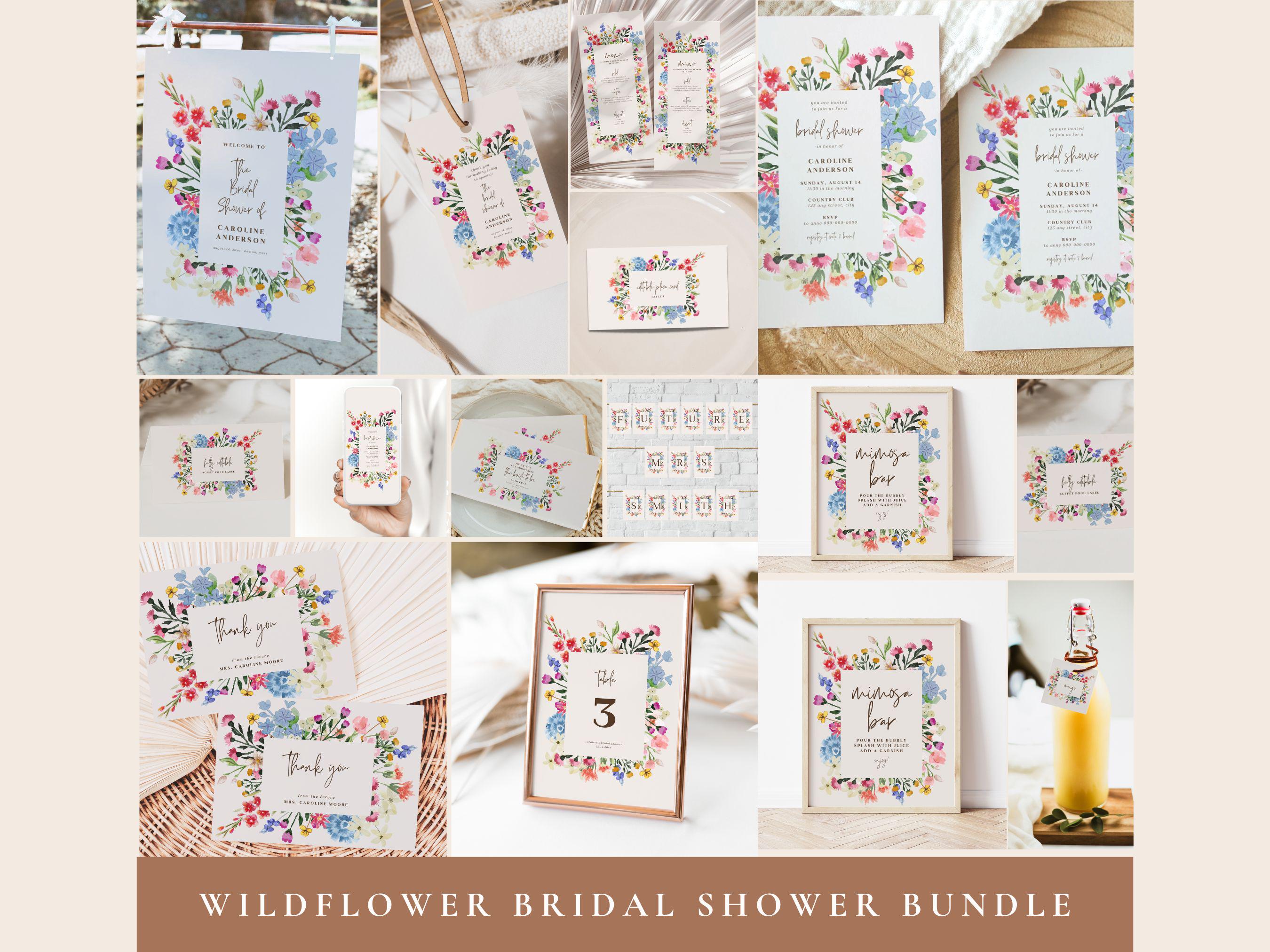 ワイルドフラワーのブライダルシャワーセットテンプレート、編集可能な花の招待状サインとゲーム、印刷可能な花のウェディングシャワー装飾アイデア、BS33  - Etsy 日本, image size:2700x2025
