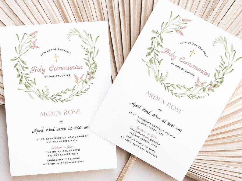 Rustic Flower First Communion Invitation Template for a Girl DIY Editable Printable Pink Floral 1st Holy Communion Invites Download FC13 image 2