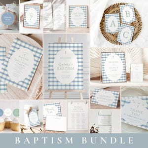 Pode incluir: Um pacote de batismo de padrão gingham azul e branco com várias placas, cartões e etiquetas imprimíveis. O texto inclui "Bem-vindo ao batismo de Quincy", "Orações para Quincy James" e "Obrigado".