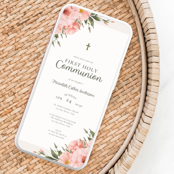 Pink Floral First Communion Invitation Template | Mobile Text 1st Communion DIY Invite | Editable First Holy Communion Invitation Girl | FC1