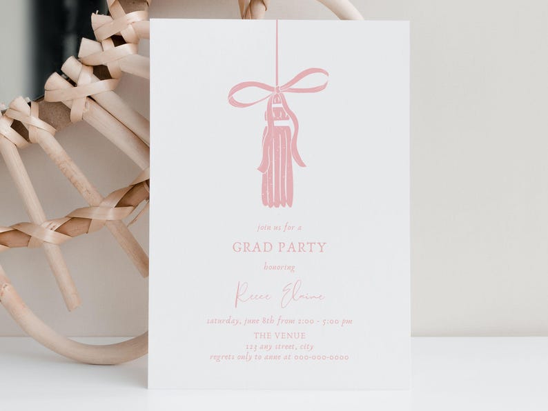 May include: A white graduation party invitation with pink text and a tassel illustration. The invitation includes the text "GRAD PARTY" and the name "Reece Elaine". The event details are also included.