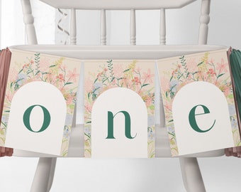 Wildflower First Birthday High Chair Banner for a One Year Old Girl, Boho Wild One 1st Birthday Party Printable Bunting Decor Template, FB8