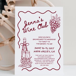 Invitation EVJF et modèle d'itinéraire, événements de week-end de Bach dans une cave mignonne et carte d'invitation, voyage dans la Napa Valley à Fredericksburg