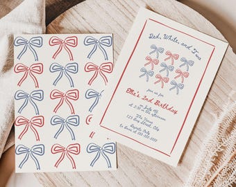4th of July Second Birthday Invitation Template, Red White and Two Bday Party Invite, Printable Coquette Bow One Year Old Summer Theme, FB42