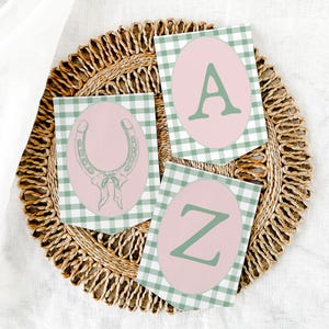 Puede incluir: Una pancarta de vichy verde y blanco con círculos rosas. Los círculos tienen una herradura verde, la letra A y la letra Z.