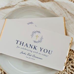 Blue Boys First Communion Chocolate Bar Favors Label Template, Editable Modern 1st Holy Communion Decor, Printable Candy Bar Wrapper, FC37