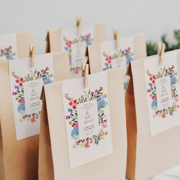 Wildflower Bridal Shower Favors Tag Template, Editable Boho Floral Garden Party Thank You Gift Tags, Pink Botanical Bridal Brunch Decor BS33