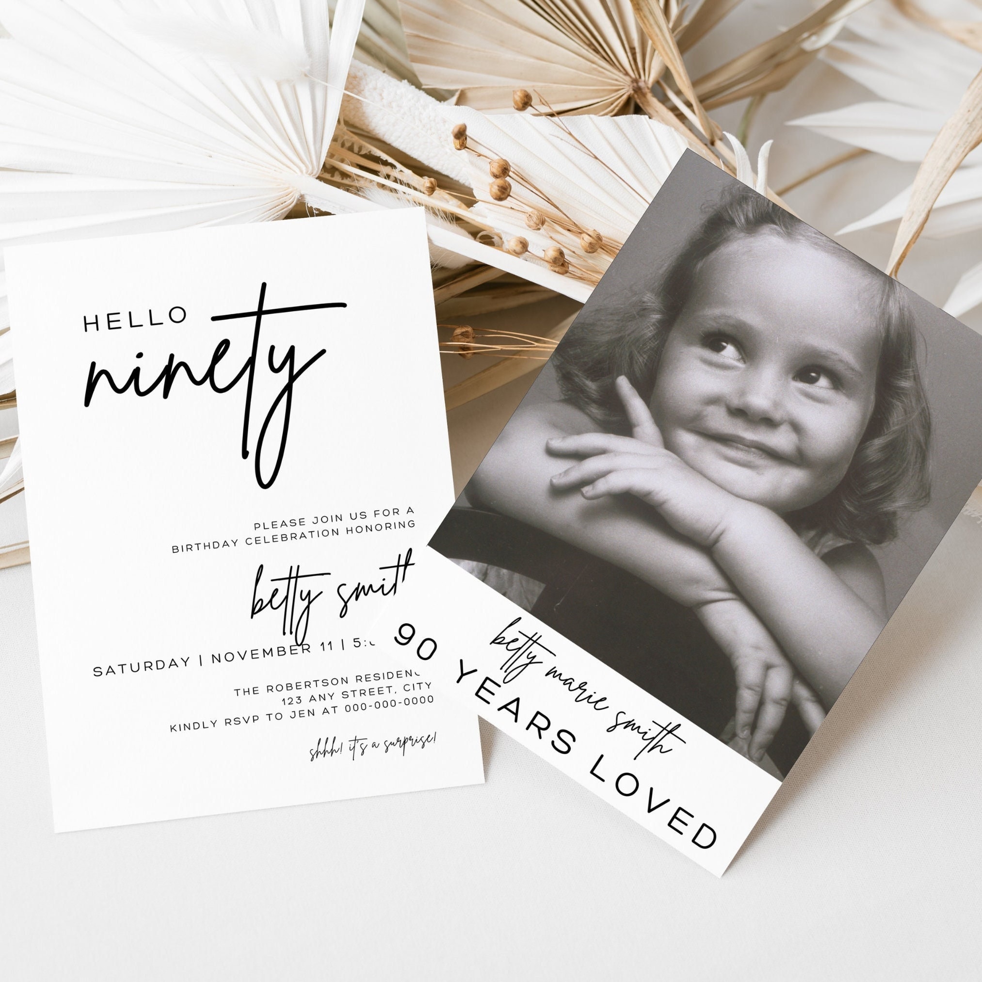 90th Birthday Invitation with Photo | Digital 90th Birthday Party Invite | Black and White Printable Canva Template for Her Celebration