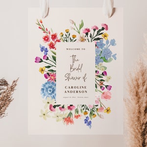 Modello di cartello di benvenuto per la festa nuziale con fiori di campo, decorazione per feste in giardino con fiori boho modificabili, decorazione per brunch nuziale botanica rosa, BS33