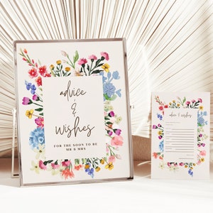 Wildflower Bridal Shower Advice and Wishes Sign and Cards Template, Boho Floral Garden Party Decoration, Botanical Bridal Brunch Decor, BS33