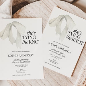 She's Tying the Knot Watercolor Bow Bridal Shower Invitation Template, Modern Minimalist Black and White Ribbon Wedding Shower Invite, BS41