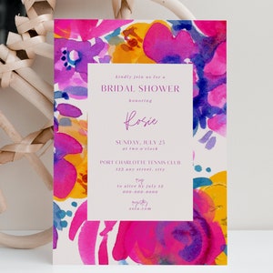 Floral Bridal Shower Invitation Template, Bright Pink Wedding Luncheon Invite, Garden Wedding Party Invitations, Bridal Brunch Invites, BS18