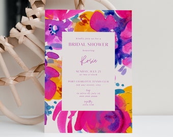 Floral Bridal Shower Invitation Template, Bright Pink Wedding Luncheon Invite, Garden Wedding Party Invitations, Bridal Brunch Invites, BS18