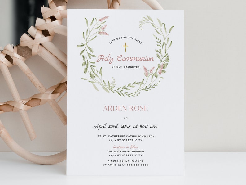 Rustic Flower First Communion Invitation Template for a Girl DIY Editable Printable Pink Floral 1st Holy Communion Invites Download FC13 image 4
