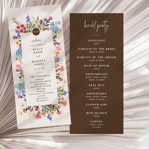 May include: A wedding ceremony program with a floral border and the names Reece Marie and Bennett James. The program lists the order of events for the ceremony. A separate card lists the bridal party with the names of the officiant, parents of the bride and groom, maid of honor, bridesmaids, best man, groomsmen, flower girl, ring bearer, and ushers.