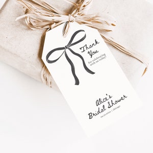 She&#39;s Tying the Knot Watercolor Bow Bridal Shower Favor Tag Template, Minimalist Coquette Ribbon Wedding Shower Thank You Gift Tags, BS43