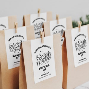 Camp Bachelorette Party Survival Kit Welcome Bag Tags Template | Retro Camping Bachelorette Girls Weekend Glamping Mountain Lake Bach Favors
