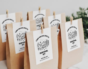 Camp Bachelorette Party Survival Kit Welcome Bag Tags Template | Retro Camping Bachelorette Girls Weekend Glamping Mountain Lake Bach Favors