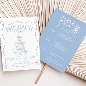 Modello di invito e itinerario per festa di addio al nubilato del Bach Club, eventi per gite di fine settimana per ragazze preppy blu e biglietti d'invito con fiocchi