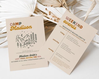 Camp Bachelorette Party Invitation and Itinerary Template | Retro Camping Bachelorette Girls Weekend Invite | Glamping Lake Bachelorette