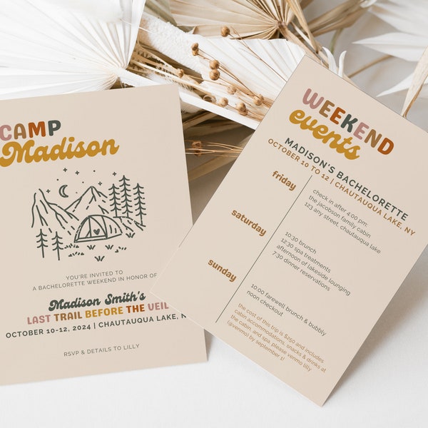 Camp Bachelorette Party Invitation and Itinerary Template | Retro Camping Bachelorette Girls Weekend Invite | Glamping Lake Bachelorette