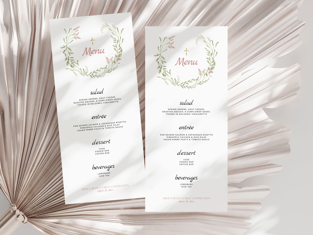 Rustic Flower First Communion Menu Cards Template for a Girl, DIY