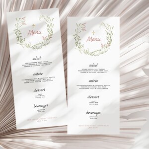 Plantilla de menú de primera comunión con flores rústicas para niña, plantilla de menú de primera comunión con flores rosas, editable e imprimible, para descargar FC13