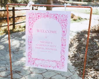 Modèle de signe de bienvenue de douche nuptiale Garden Party | Hot Pink Arch Floral Bridal Shower Welcome Poster Board | Fuchsia Summer Tea Party BS9