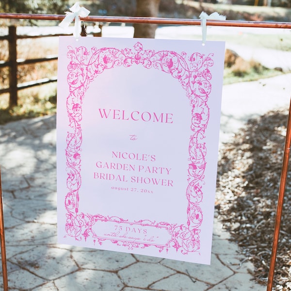 Garden Party Bridal Shower Welcome Sign Template | Hot Pink Arch Floral Bridal Shower Welcome Poster Board | Fuchsia Summer Tea Party BS9