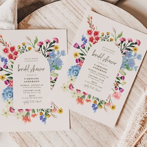 Modèle d'Invitation de douche nuptiale de fleurs sauvages, cartes d'invitation modifiables de fête de jardin floral bohème, invitations de brunch nuptiale botanique rose, BS49