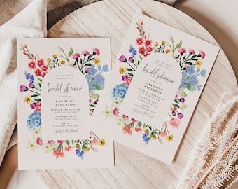 Wildflower Bridal Shower Invitation Template, Editable Boho Floral Garden Party Invite Cards, Pink Botanical Bridal Brunch Invitations, BS49