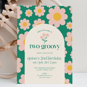 Two Groovy Birthday Party Invitation Template, Boho Daisy Theme 2nd Birthday Girl Invitations, Retro Hippie Flower Printable Invite, FB11