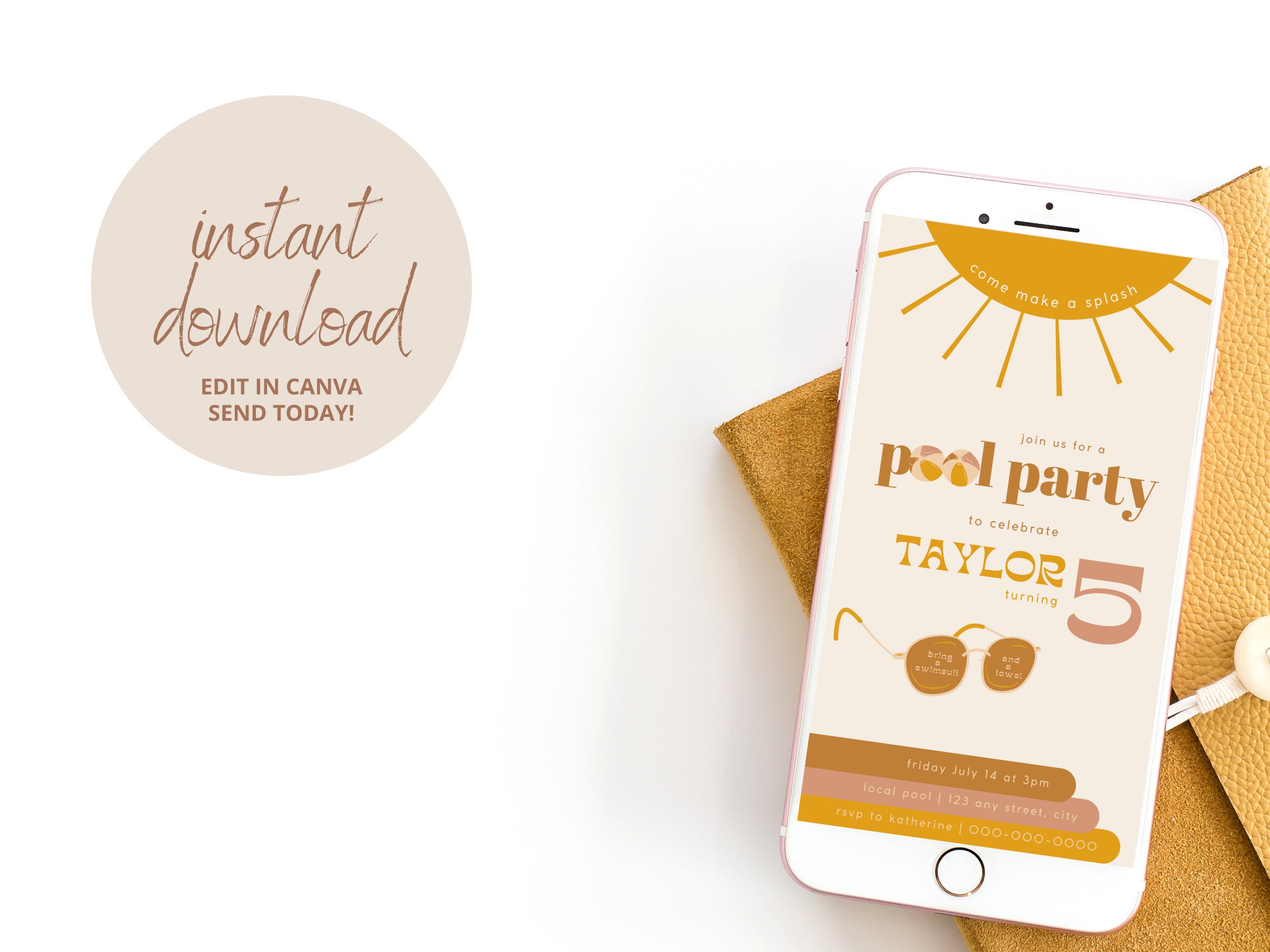 Digital Pool Party Invitation Canva Template Instant Download Retro Text Email Any Age Birthday Invite for Girls Electronic